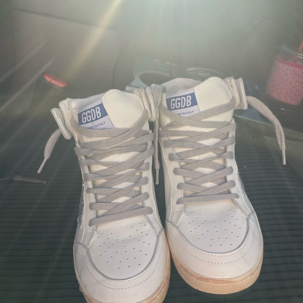 Golden Goose White High-Top Sneakers with Silver Glitter Star Accent - Picture 4 of 4